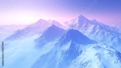 Snow-capped Mountain Range at Dawn with Hazy Clouds