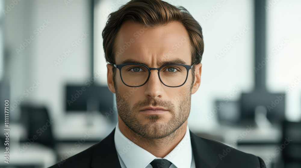 Confident businessman in suit with glasses in modern office setting, exuding professionalism and determination Confident businessman in suit with glasses in modern office setting, exuding professionalism and determination