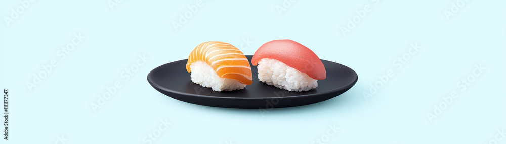 Delicious sushi on black plate, featuring salmon and tuna, against soft background. Perfect for food lovers and sushi enthusiasts Delicious sushi on black plate, featuring salmon and tuna, against soft background. Perfect for food lovers and sushi enthusiasts