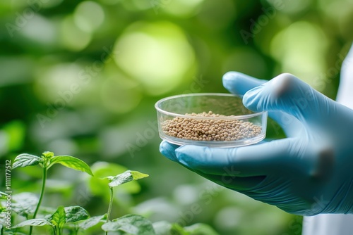 A scientist wearing blue gloves holds a petri dish filled with seeds in a research lab, surrounded by lush green plants, highlighting modern agriculture science. photo