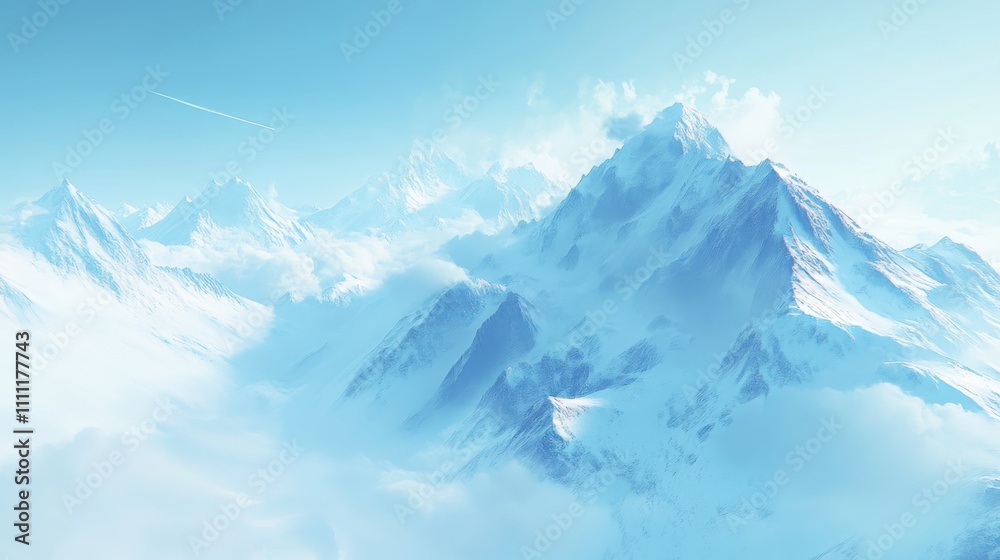 Snow-Capped Mountain Peaks with Clouds and a Contrail in the Sky