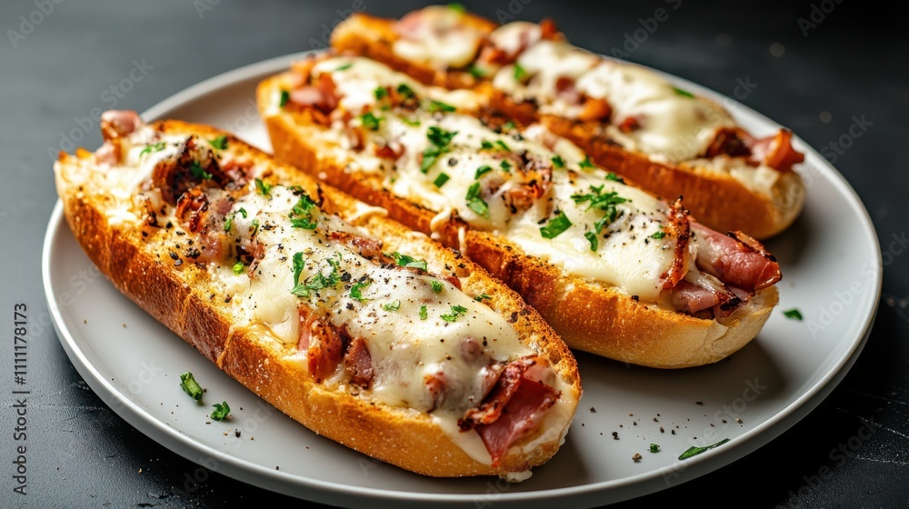 Three crispy baguette sandwiches adorned with melted cheese and herbs are appetizingly arranged on a plate, providing a tasty and satisfying dish.
