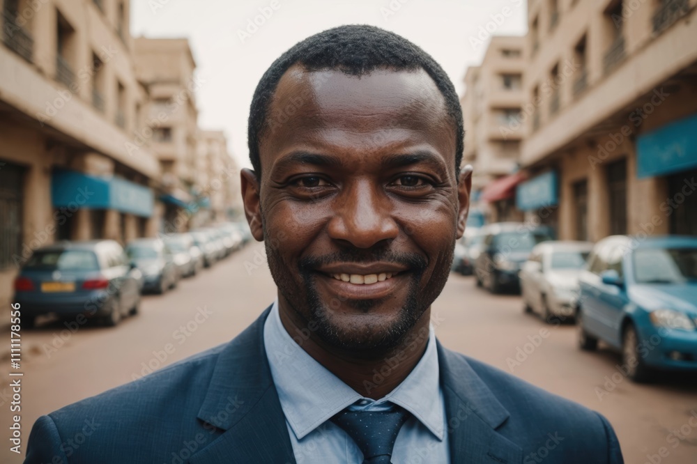 Close portrait of a smiling 40s Malian businessman looking at the camera, Malian big city outdoors blurred background Close portrait of a smiling 40s Malian businessman looking at the camera, Malian big city outdoors blurred background