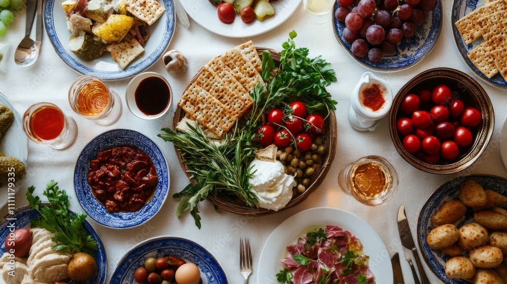 The dinner table is laden with typical Passover fare. The dinner table is laden with typical Passover fare.