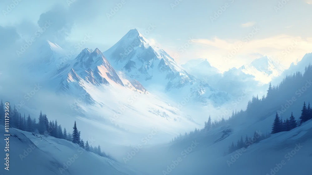Fototapeta premium Misty Mountain Range with Snow-Covered Peaks and Evergreen Trees