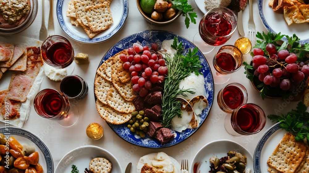 The dinner table is laden with typical Passover fare. The dinner table is laden with typical Passover fare.