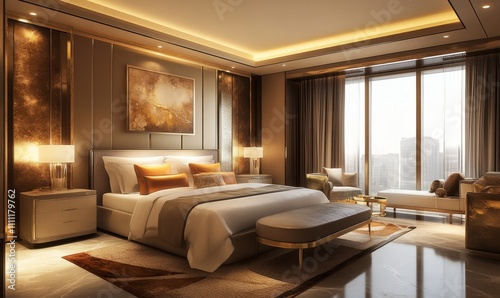 Elegant bedroom with an aluminium metal coffe table near kingside bed. Metallic and golden shades in the room interior