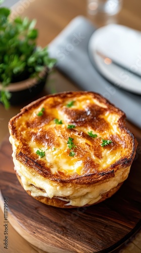 A stacked potato gratin is elegantly garnished with fresh parsley, set on a wooden board, showcasing culinary artistry and appetizing allure with rich textures.