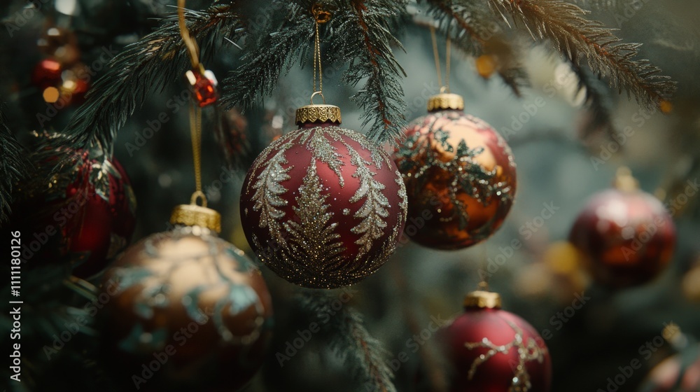 Close-Up of Elegant Christmas Ornaments on a Decorated Tree, Showcasing Intricate Designs and Vibrant Colors, Capturing the Essence of the Festive Season Close-Up of Elegant Christmas Ornaments on a Decorated Tree, Showcasing Intricate Designs and Vibrant Colors, Capturing the Essence of the Festive Season