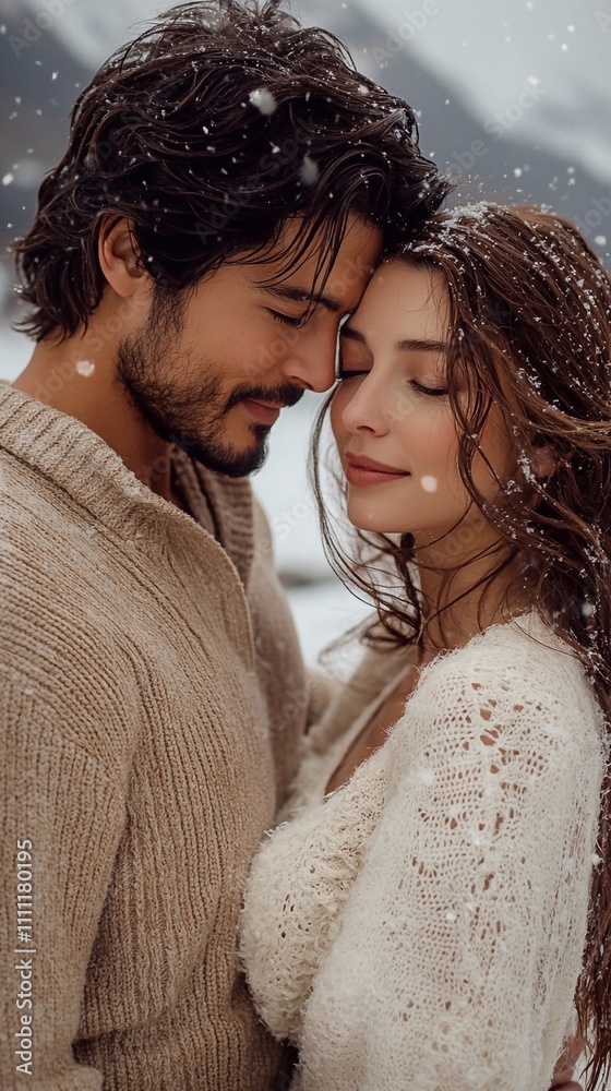 A photo of a happy couple in love. The man is wearing a beige sweater, and the woman has long brown hair and is wearing a white knitted dress. They are standing close to each other, embracing. The bac A photo of a happy couple in love. The man is wearing a beige sweater, and the woman has long brown hair and is wearing a white knitted dress. They are standing close to each other, embracing. The bac