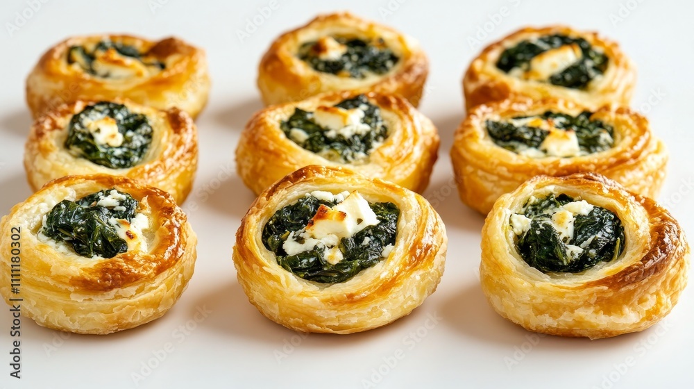 Arranged on a crisp white surface are golden brown pastry pockets stuffed with vivid spinach and creamy feta. Arranged on a crisp white surface are golden brown pastry pockets stuffed with vivid spinach and creamy feta.