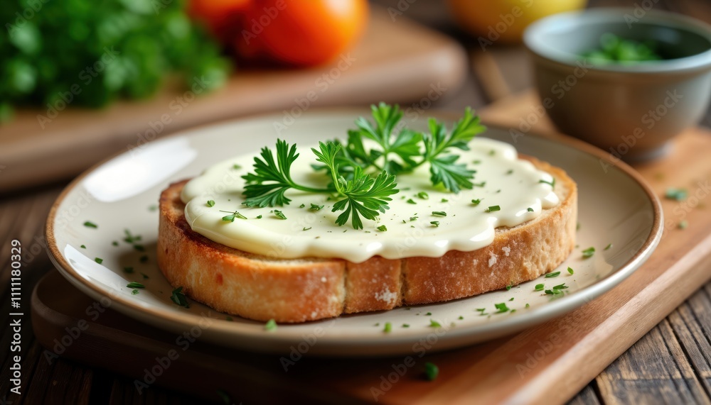 Homemade creamy cheese spread on toasted crusty bread slice. Fresh herbs add flavour. Rustic wooden table. Perfect finger food. Delicious appetizer. Perfect meal. Ideal for light lunch, casual Homemade creamy cheese spread on toasted crusty bread slice. Fresh herbs add flavour. Rustic wooden table. Perfect finger food. Delicious appetizer. Perfect meal. Ideal for light lunch, casual