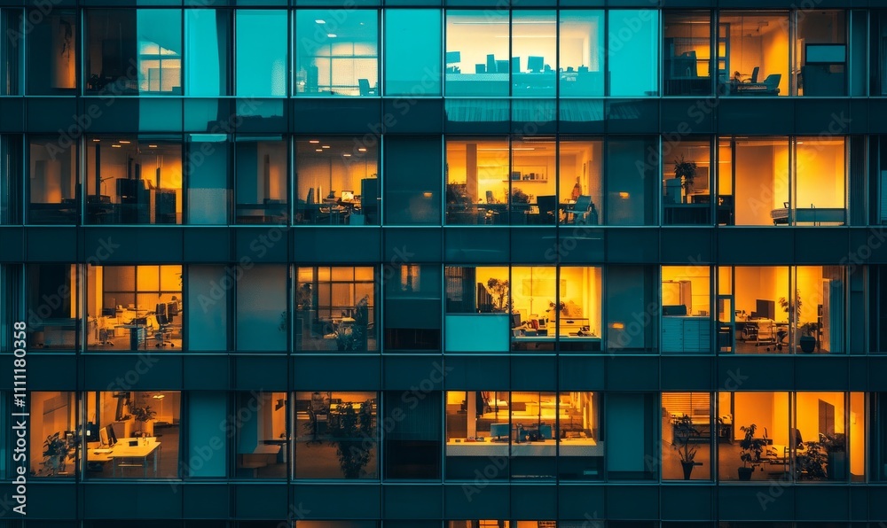 Lit office building windows glow warm against the blue evening, showing bustling city life and after-hours activity. Concept: Urban work culture. Lit office building windows glow warm against the blue evening, showing bustling city life and after-hours activity. Concept: Urban work culture.