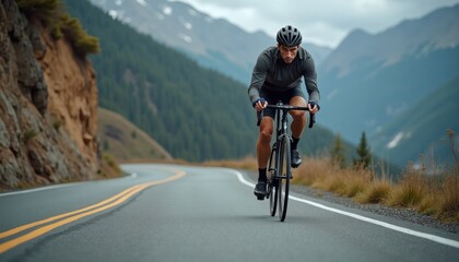 Man rides bicycle down winding mountain road. He leans into turns with focused expression. Mountain landscape visible in background. A scenic summer day. Bicyclist enjoys outdoor activity.
