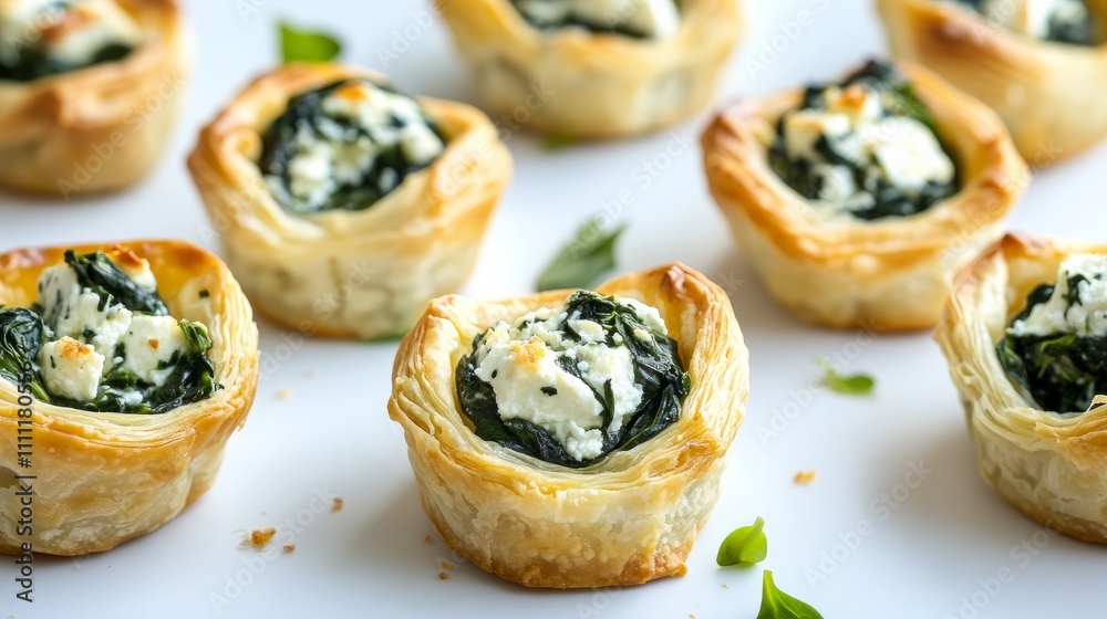 Arranged on a crisp white surface are golden brown pastry pockets stuffed with vivid spinach and creamy feta. Arranged on a crisp white surface are golden brown pastry pockets stuffed with vivid spinach and creamy feta.