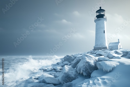 Snowy lighthouse with icy sea and overcast sky photo