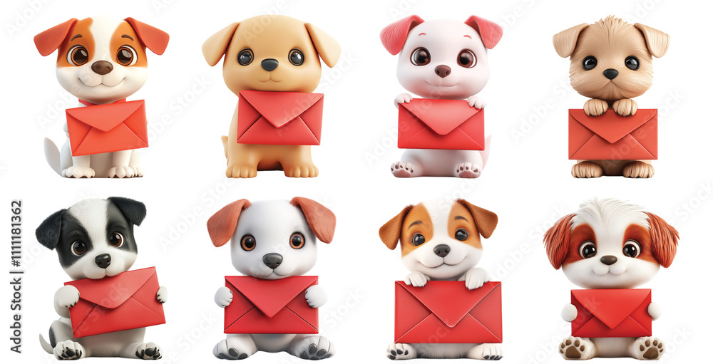 Pack Puppy with a Red Envelope set against transparent background for Greeting Cards Pack Puppy with a Red Envelope set against transparent background for Greeting Cards