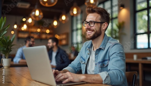 Young man working on laptop in cafe. Happy, smiling web designer uses computer in vibrant co-working space. Modern tech setting, casual attire. Person working, communicating. Indoor setting, likely