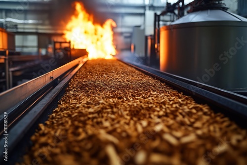 Conveyor belt carries chopped wood towards pyrolysis reactor. Thermal decomposition process creates biochar. Industrial setting shows eco-friendly biomass processing. Factory setting. Biofuel