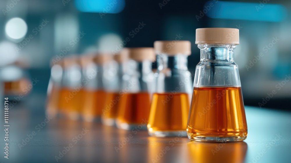 A series of small glass vials are precisely aligned, each filled with a shimmering amber liquid, casting reflections that add to the tranquil setting. A series of small glass vials are precisely aligned, each filled with a shimmering amber liquid, casting reflections that add to the tranquil setting.