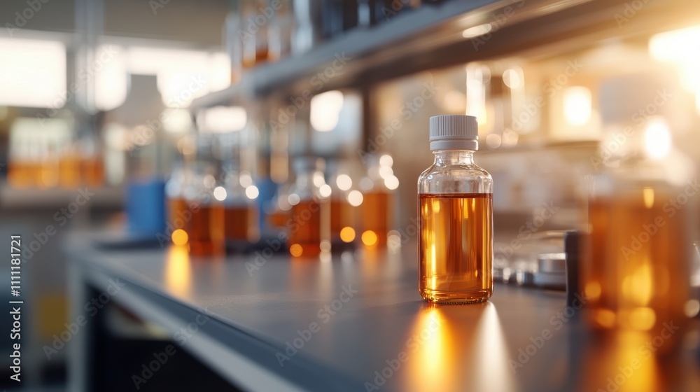 A row of laboratory vials filled with amber liquid, catching the sunlight as it shines through a scientific environment. Perfect for concepts of research and discovery.