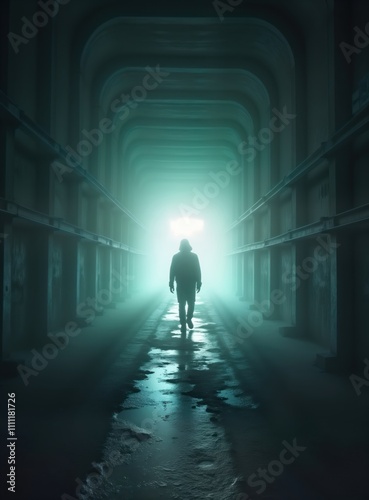 Mysterious person walks alone in foggy underground tunnel. Dramatic lighting highlights person silhouette, path. Foggy atmosphere adds to eerie, suspenseful scene. Wet path shows person journey.