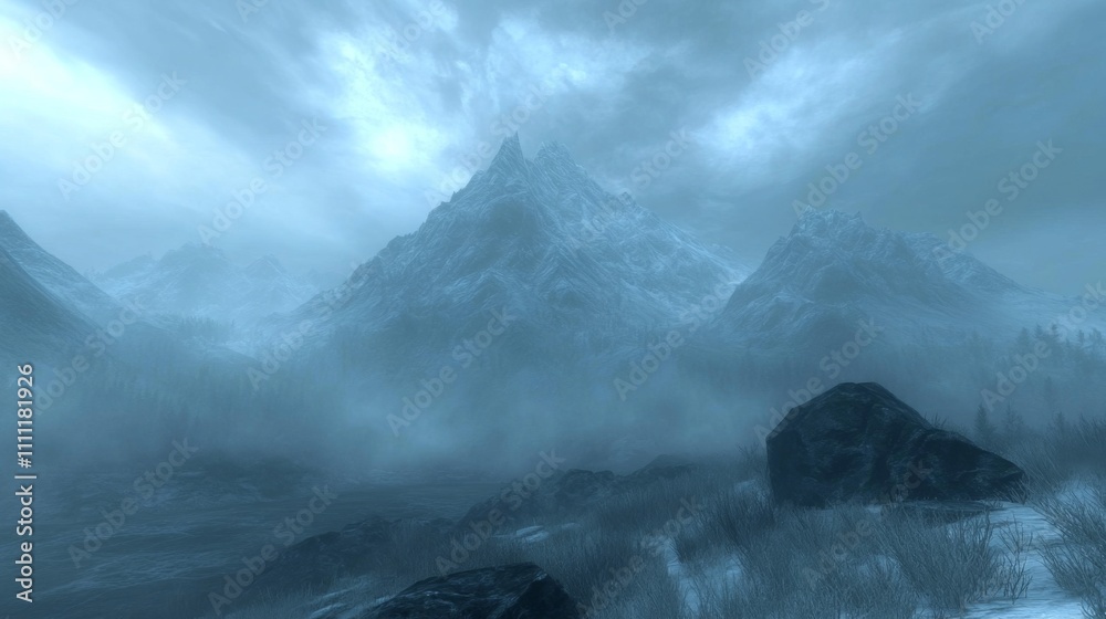 A Misty Mountain Landscape with a Snowy Peak and Fog-Covered Valley A Misty Mountain Landscape with a Snowy Peak and Fog-Covered Valley