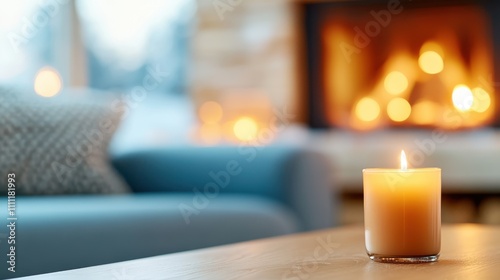 A single candle flickers gently beside a glowing fireplace in a serene living room setting, evoking warmth and comfort during a quiet winter evening at home.