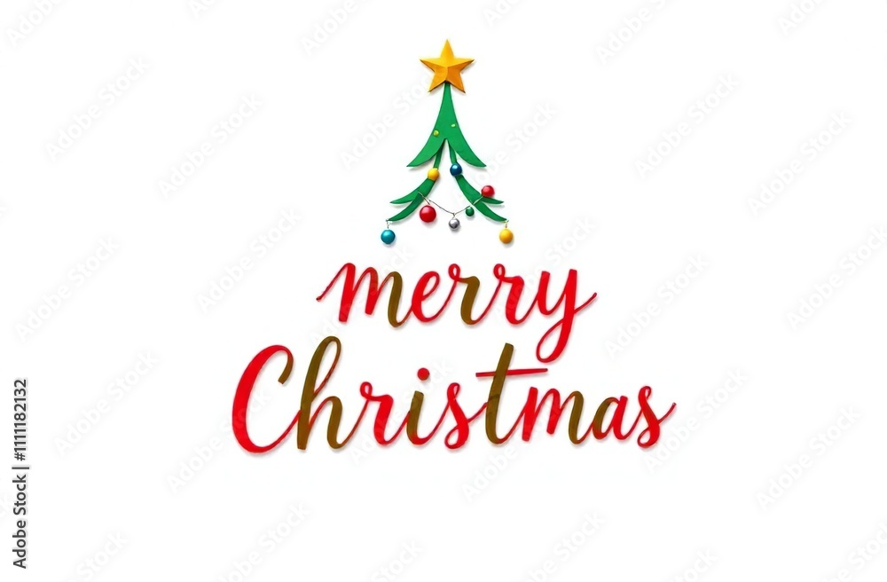 Christmas card in minimalistic paper cut style. Illustration for promotional banner for New Year sale. Font text. Advertising for December holidays. Merry Christmas inscription. Christmas tree in snow Christmas card in minimalistic paper cut style. Illustration for promotional banner for New Year sale. Font text. Advertising for December holidays. Merry Christmas inscription. Christmas tree in snow
