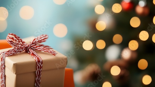 A beautiful gift box wrapped in brown paper, adorned with a red and white bow, warmly illuminated against the soft glow of festively blurred lights behind. photo