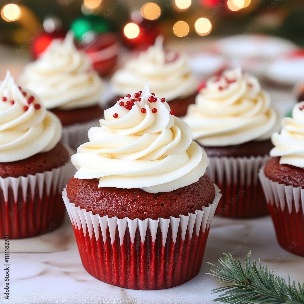 Frosted cupcakes arranged on a holiday-themed table, warm lighting and festive colors Frosted cupcakes arranged on a holiday-themed table, warm lighting and festive colors