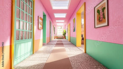 Vibrant Y2K-Inspired Stylish Hallway Leading to Bright Characterful Rooms   Ultra-Detailed Interior Design Image