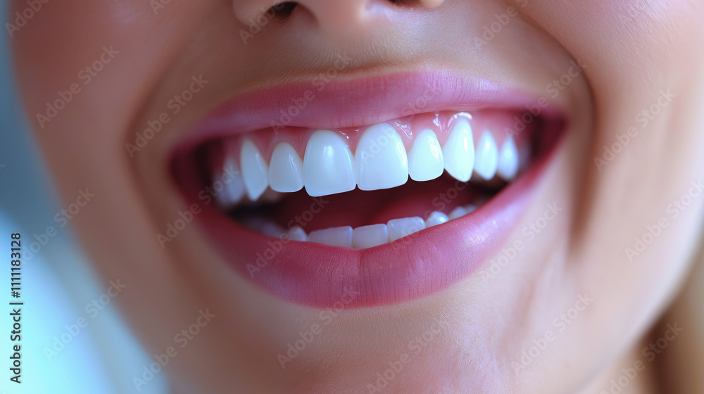 Obraz premium Exuding Radiance: Captivating Close-up of a Woman's Perfectly White Teeth and Joyful Smile.