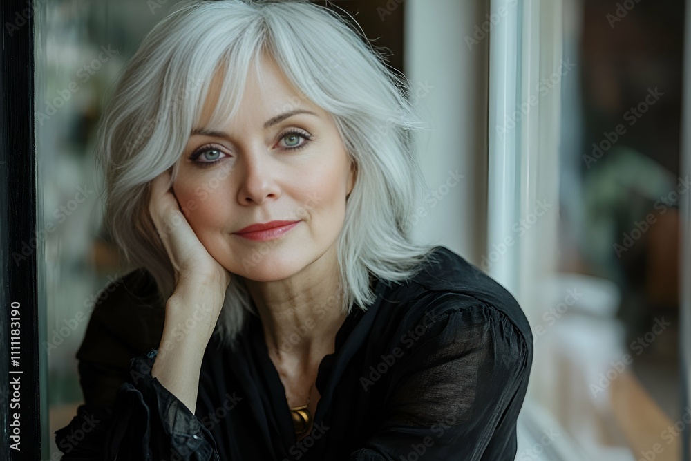 Fototapeta premium Elegant older woman with white hair sitting by a window in a black blouse