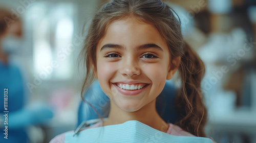 Cute blonde girl sitting in the chair at the dentists photo