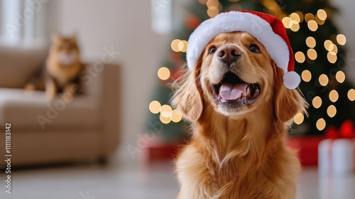 A golden retriever dog wearing a festive Santa hat sits joyfully in front of a Christmas tree, capturing the warmth and cheer of the holiday season. photo