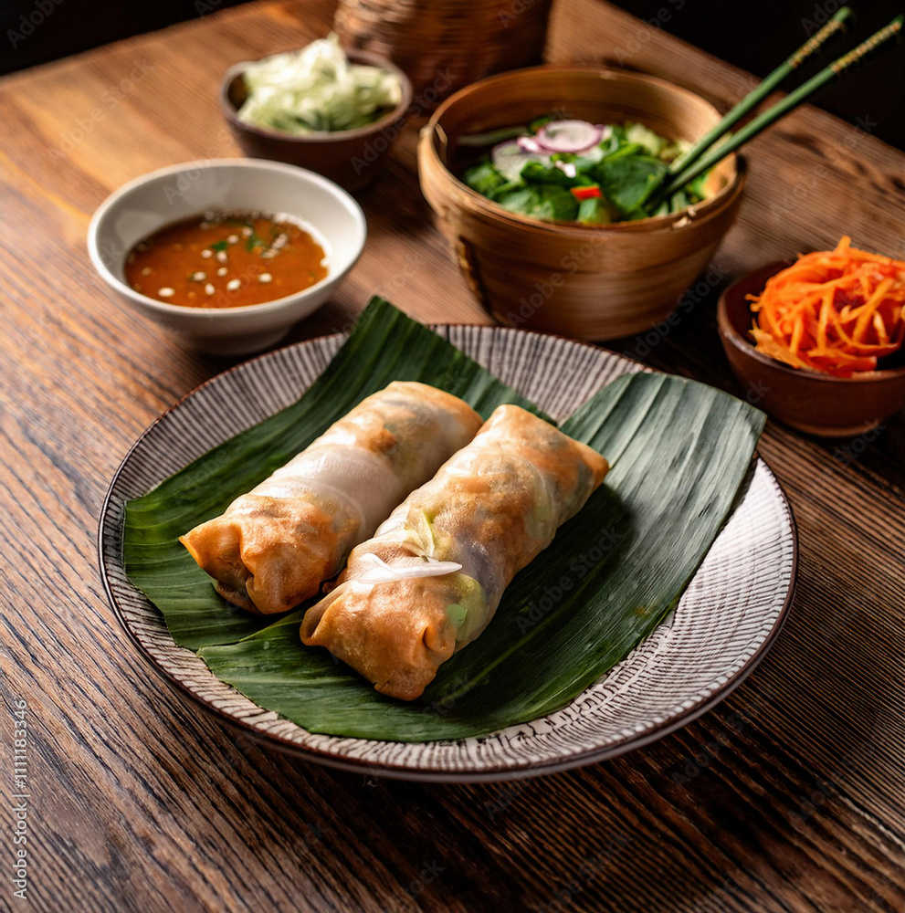Two spring rolls are served on a banana leaf placed on a textured gray plate, accompanied by peanut sauce and various side dishes in wooden bowls on a rustic wooden table. Two spring rolls are served on a banana leaf placed on a textured gray plate, accompanied by peanut sauce and various side dishes in wooden bowls on a rustic wooden table.