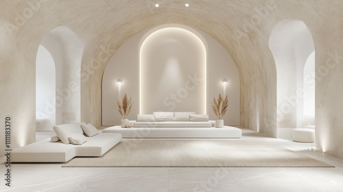 A 3D illustration of a minimal modern living room featuring a cozy sofa and carpet in soothing white and beige tones.