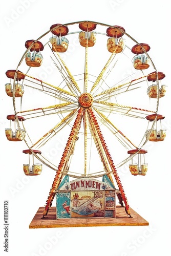 Vintage Ferris wheel, colorful gondolas, weathered structure.