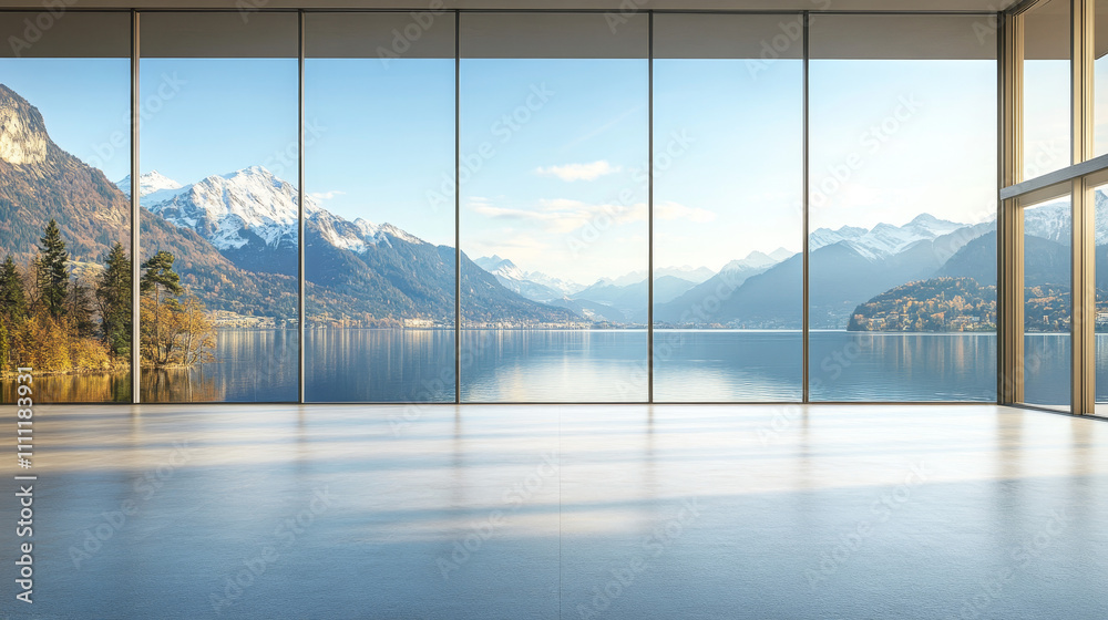 Fototapeta premium A 3D render of a modern contemporary loft-style empty room with stunning mountain views.