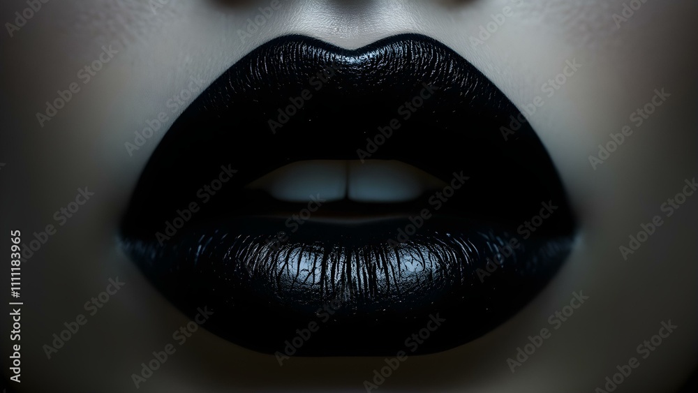 A close-up shot of a woman's lips with dark, glossy lipstick. The image is in black and white, emphasizing the dramatic contrast of the lips against the surrounding skin A close-up shot of a woman's lips with dark, glossy lipstick. The image is in black and white, emphasizing the dramatic contrast of the lips against the surrounding skin