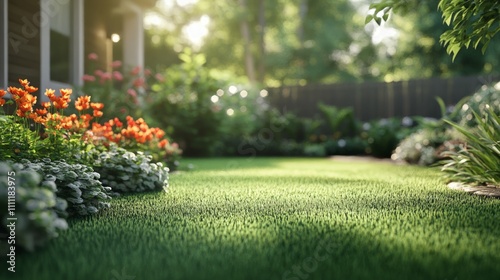 Family Garden Oasis  vibrant plants and colorful flowers flourish in a well-maintained garden  encircled by lush green grass  embodying the joy of nurturing nature at home.