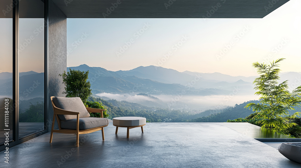 Fototapeta premium A 3D render of a modern loft-style terrace with a breathtaking view of a sea of fog. The polished concrete floor adds an industrial touch, while wooden and fabric chairs provide a comfortable seating