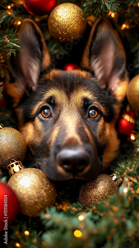 Curious German Shepherd puppy peeks through festive Christmas setting adorned with gold and red ornaments, making it heartwarming representation of holiday joy and the spirit of Christmas