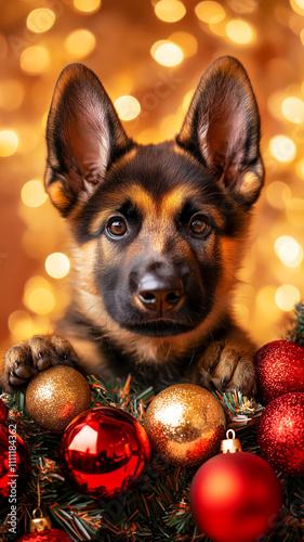 Charming German Shepherd puppy peeks out from festive Christmas display, featuring vibrant red and gold ornaments. Vertical banner for holiday design, greeting cards, seasonal marketing materials