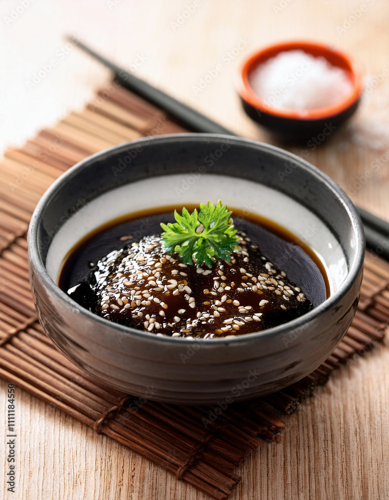 A bowl of dark teriyaki sauce topped with sesame seeds and a parsley garnish, served with chopsticks and a small dish of salt on a bamboo mat. A bowl of dark teriyaki sauce topped with sesame seeds and a parsley garnish, served with chopsticks and a small dish of salt on a bamboo mat.