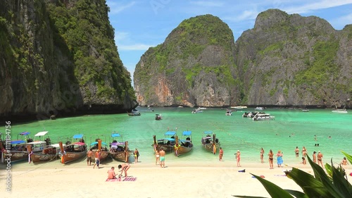 Phi Phi, Thailand - January 25, 2018: The beautiful Maya Bay beach in Ko Phi Phi Le island