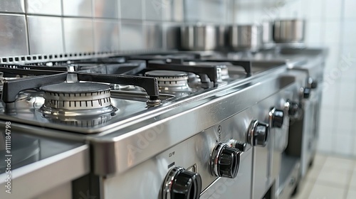 Stainless steel commercial gas stove. Kitchen equipment. Professional cooking appliances. Restaurant. Industrial. Modern. Clean. Kitchen. Equipment. Commercial. Gas. Cooking. Range. 