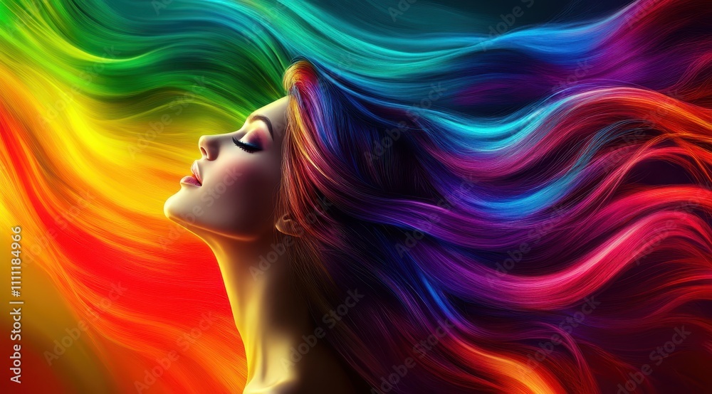A vibrant image of a woman's colorful hair flowing into a spectrum of rainbow hues, symbolizing beauty and freedom. A vibrant image of a woman's colorful hair flowing into a spectrum of rainbow hues, symbolizing beauty and freedom.