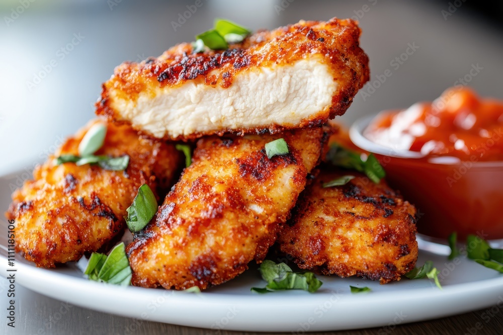 Crunchy, golden brown chicken fingers served with a spicy side sauce, garnished with green herbs, perfect for a tasty appetizer or quick snack option. Crunchy, golden brown chicken fingers served with a spicy side sauce, garnished with green herbs, perfect for a tasty appetizer or quick snack option.
